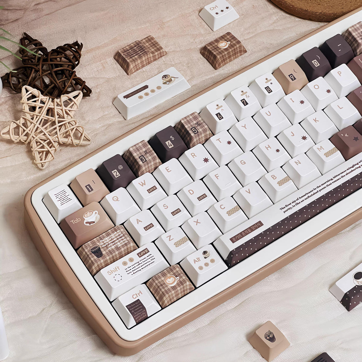 Cute Brown Cozy Cafe Theme Coffee Keycap Set for Mechanical Keyboard | Mocha & Plaid Design Keycaps – KeyArtisan®