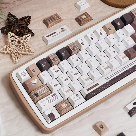 Cute Brown Cozy Cafe Theme Coffee Keycap Set for Mechanical Keyboard | Mocha & Plaid Design Keycaps – KeyArtisan®