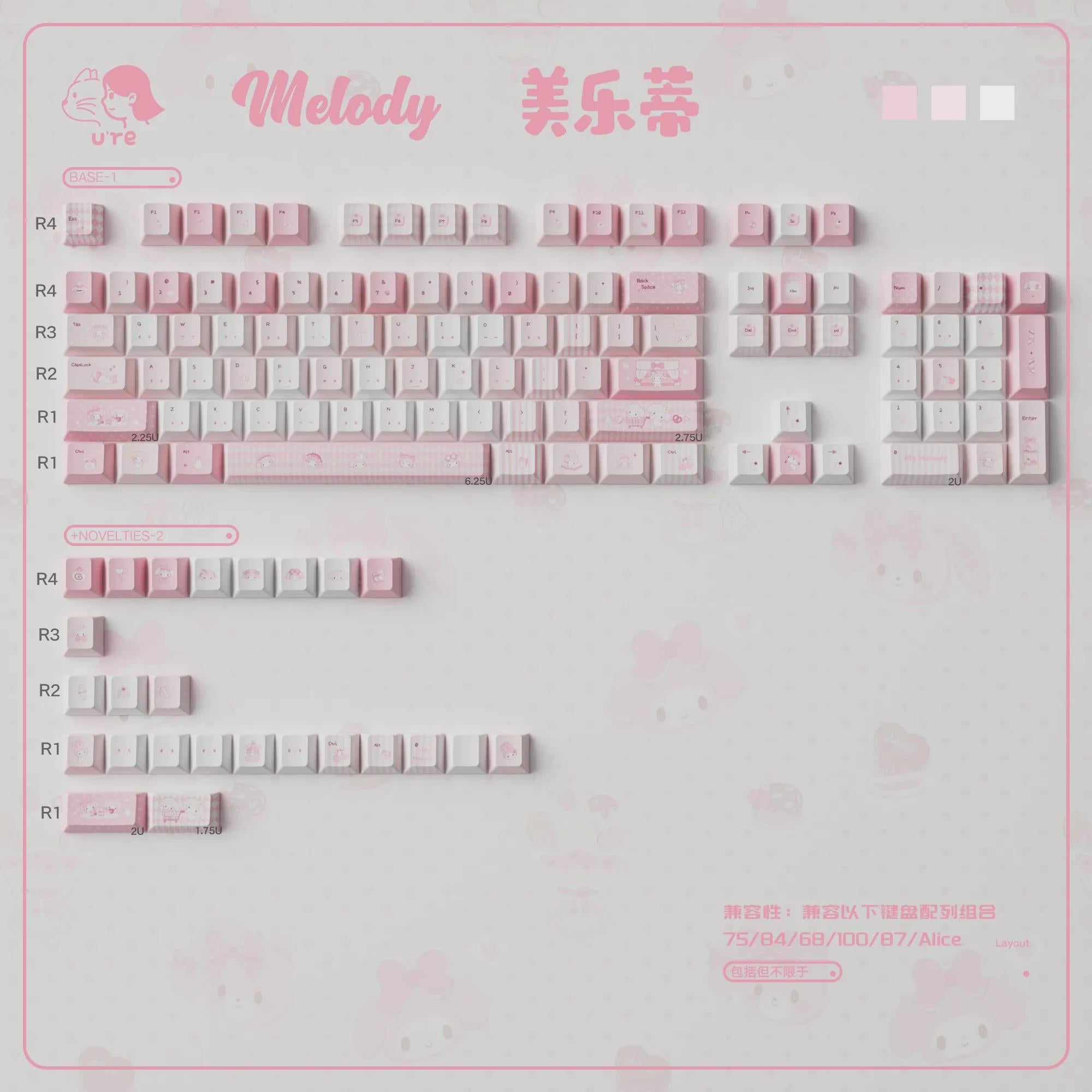 Cute Melody Theme Pastel Pink Keycap Set for Mechanical Keyboard | Kawaii Aesthetic Design – KeyArtisan®