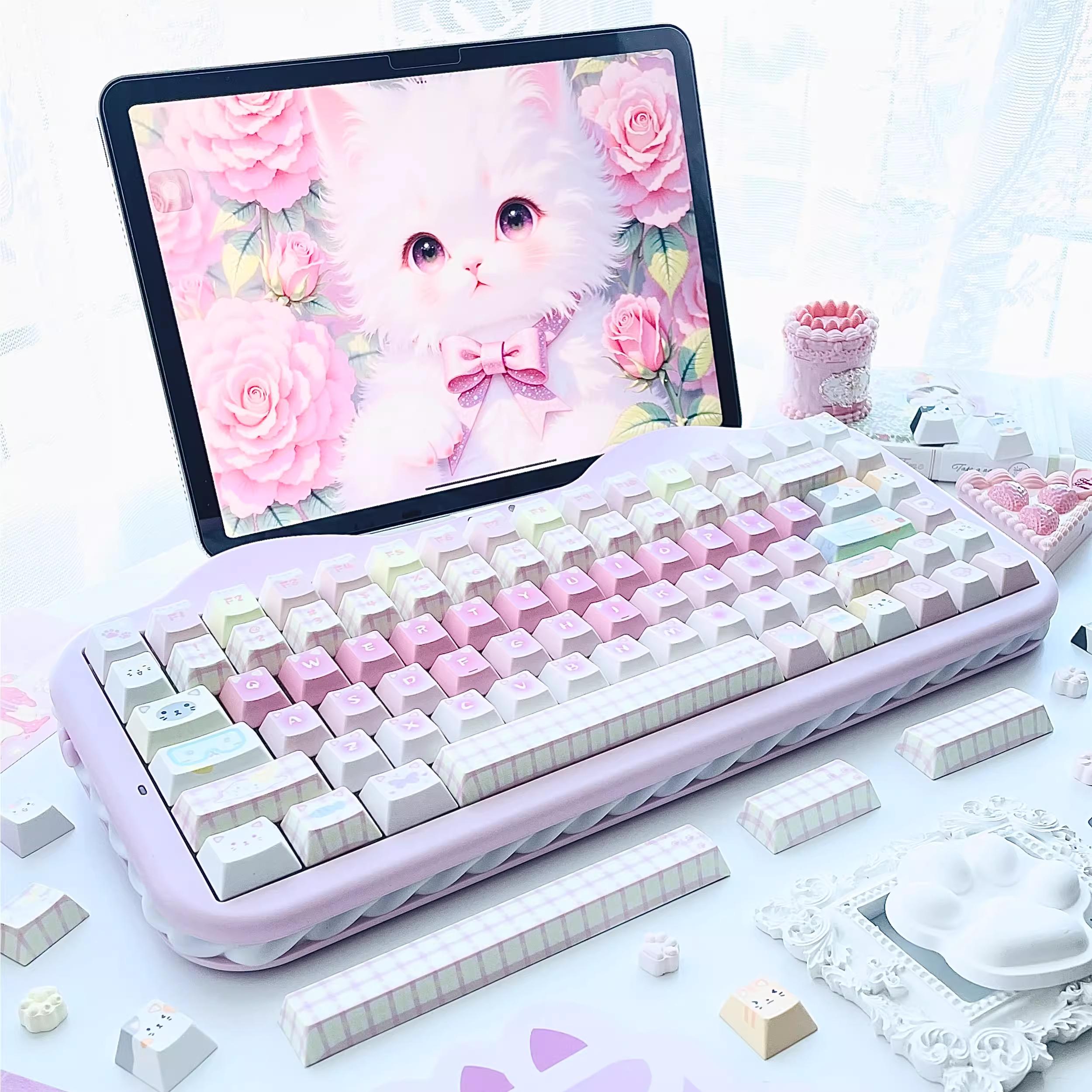 Cute Pink Cat Theme Kawaii Keycap Set for Mechanical Keyboard | Paw Prints & Whiskers Design Keycaps – KeyArtisan®