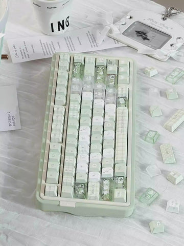 Cute Green Matcha Pastel Artisan Keycaps Set for Mechanical Keyboard – Kawaii Aesthetic Design | Keyartisan®