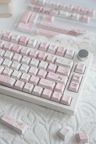 Cute Pink Bear Postcard Artisan Keycaps Set for Mechanical Keyboard - Kawaii Aesthetic Design Keycap | Keyartisan®