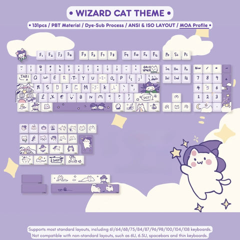 Cute Purple Wizard Magic Cat Theme Keycap Set